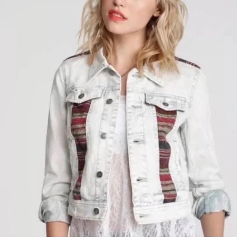Free People Baja Jean Jacket Trash White Wash Tribal Patchwork Denim Trucker 4 S